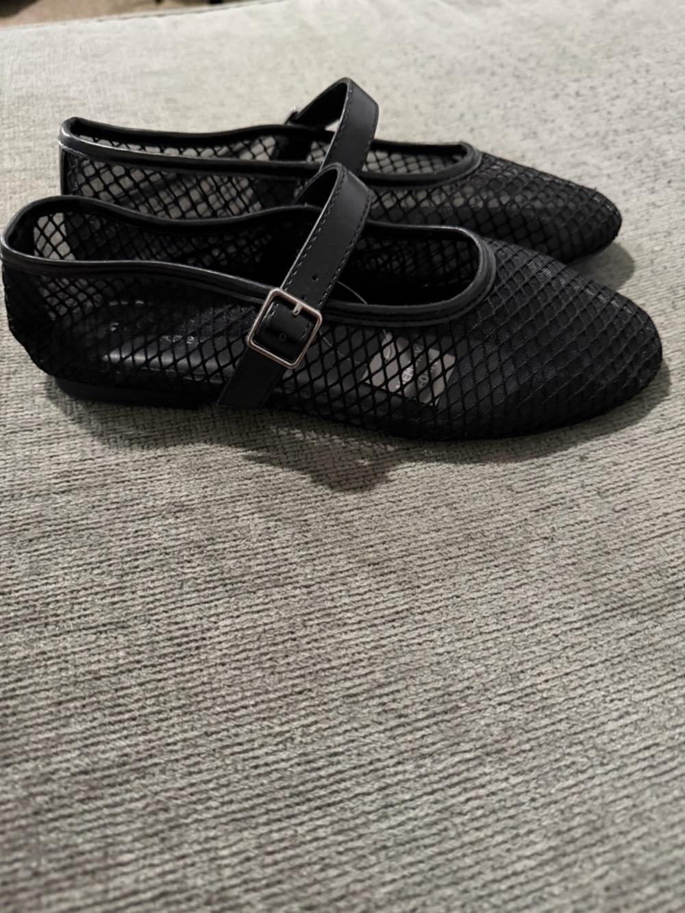 Women's Black Mesh Mary Jane Flats with Buckle Strap